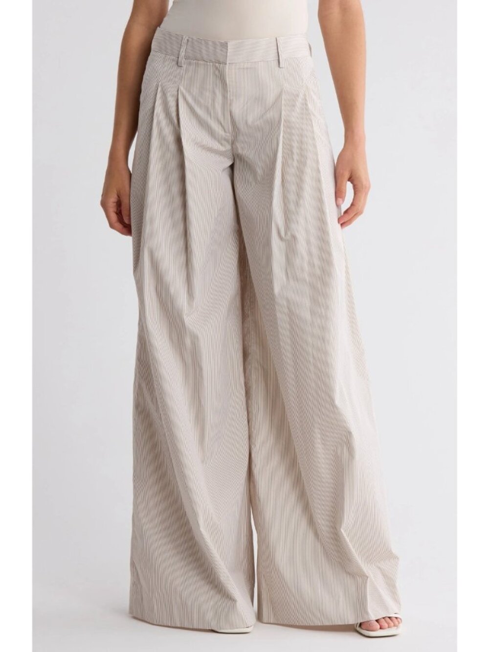 TWP New Didi Womens Mid-Rise Pleated Cotton Wide Leg Pants Khaki / White Size 12